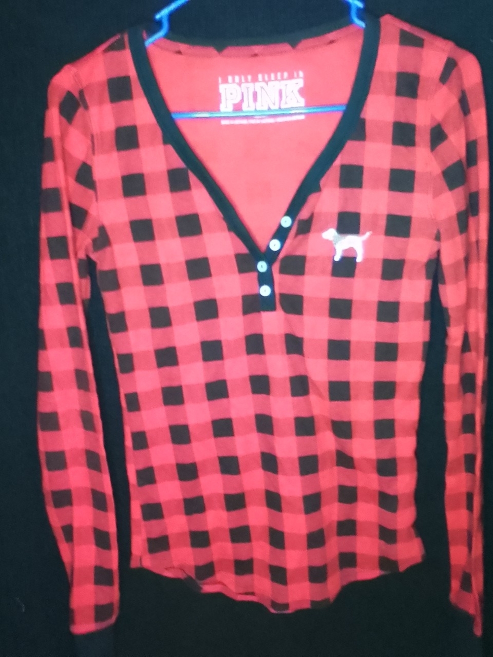 PINK Victoria's Secret Red & Black Plaid Long-Sleeve Henley Top Small